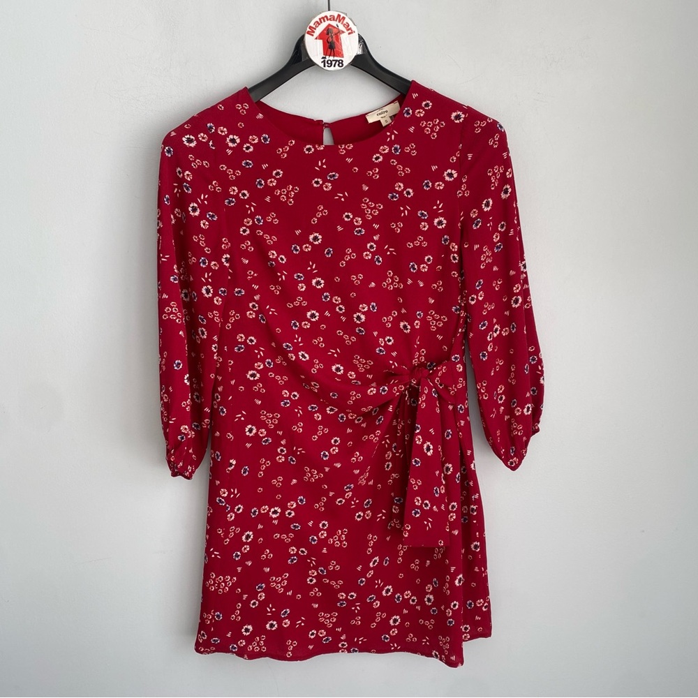 Entro Red Floral Mini Shift Dress 3/4 Sleeve Tie Knot Side Size S Scoop Neck